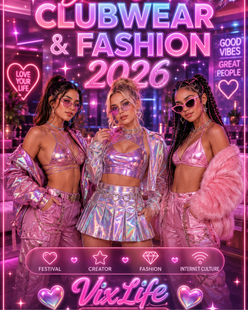 Drei stilvolle junge Frauen präsentieren futuristische Clubwear- und Festival-Outfits in einer neonbeleuchteten Lounge mit glossy Pink- und Pastellfarben im modernen VixLife-Academy-Stil.