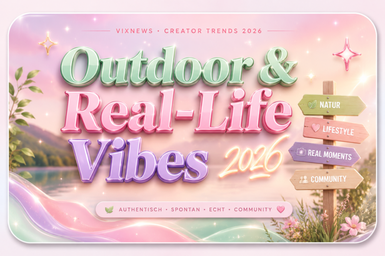Outdoor & Real-Life Vibes 2026 im Pastell-Magazinlook mit glossy 3D-Schrift, Lifestyle-Elementen und Community-Vibes im VixNews-Stil.