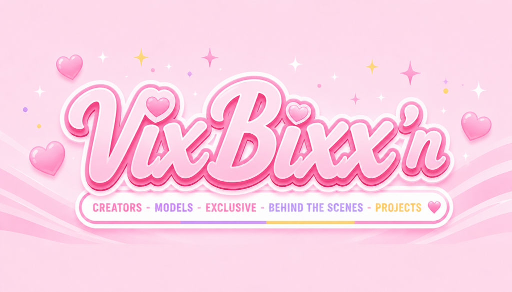 VixBixx’n Logo in pastellrosa mit glänzendem 3D-Schriftzug, Herzen und funkelnden Elementen auf softem rosa Hintergrund im modernen Creator- und Lifestyle-Stil.