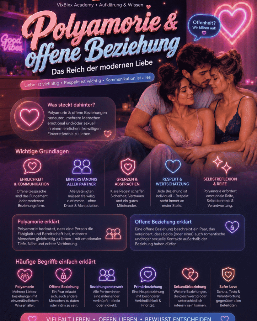Modernes VixLife Academy Aufklärungsbild über Polyamorie und offene Beziehungen im glossy Pastellstil mit neonfarbenen Herzen, drei Menschen in gemütlicher Atmosphäre und informativen Lifestyle-Elementen.