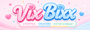 Pastellfarbener VixBixx Banner mit pink-blauem Logo, Herzen und verspielten Creator-Vibes im modernen Lifestyle-Design.